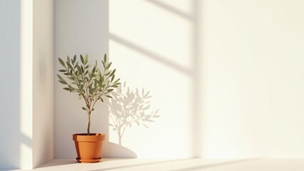 Potted plant casting shadow on white wall in sunlit interior space view