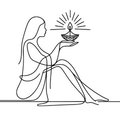 Woman holding a lamp with a flame in a minimal outline style  