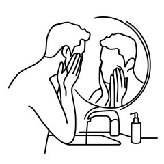 Man applying skincare while looking in mirror in minimalist bathroom - Concept of single line outline vector  