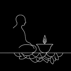 Minimalist outline of a meditating figure next to a candle flame  
