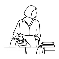 Woman ironing clothes at home in minimal single line outline vector  