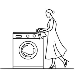 Woman placing clothes in washing machine in minimalist home design  