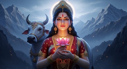 Beautiful hindu goddess divine lotus flower cow mountain spiritual art india