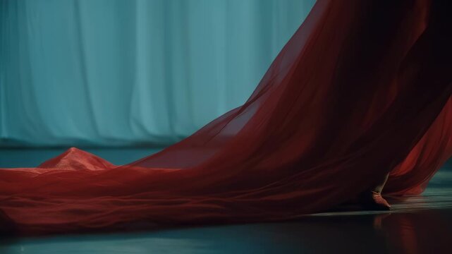 Sophisticated fashion model in vibrant red dress gracefully walking across studio space, fabric softly trailing behind, embodying elegance and contemporary artistic movement