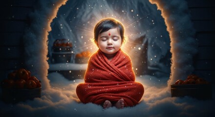 Meditating baby in red shawl winter snow peaceful child spiritual zen calm