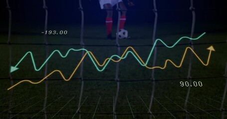 Striker striking ball toward goal, generating soccer analytics metrics rising, goalkeeper diving - Powered by Adobe