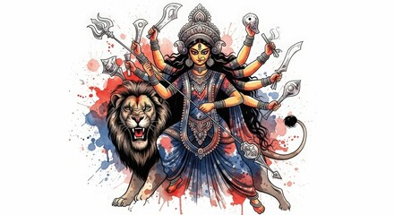 Durga puja goddess hinduism devi navaratri festival lion watercolor illustration
