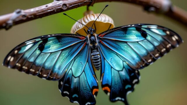 A vibrant blue butterfly with open wings perched near a chrysalis on a branch, displaying stunning black and turquoise patterns.