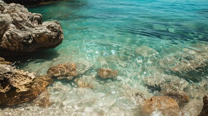 Crystal Clear Tidal Waters under Blue Sky at Coastal Horizon