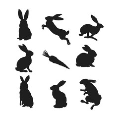 Easter bunny silhouettes, rabbit clip art set, isolated decorative elements for the holidays