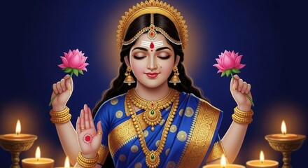 Beautiful goddess lakshmi illustration hinduism deity divine lotus flowers art