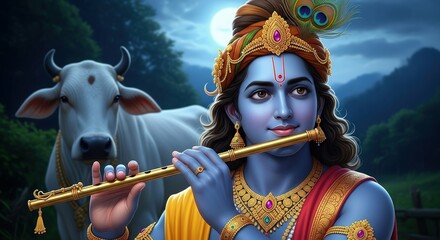 Krishna flute cow hindu god hinduism indian culture spirituality devotional art
