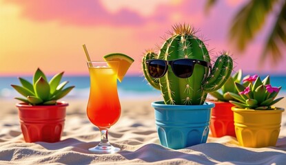 Cactus with Sunglasses and Drink