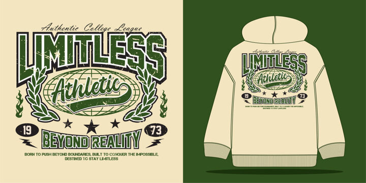 Vintage varsity college typography with Limitless athletic slogan, grunge texture text print. Ideal for graphic tees, t-shirts, sweatshirts, hoodies, stickers, or posters. &ndash; Vector illustration