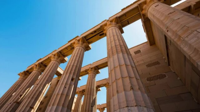 Tall stone columns of an ancient Greek temple, viewed from below against a clear blue sky.