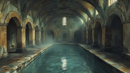Abandoned medieval cloister with misty indoor pool, evoking sense of mystery and tranquility