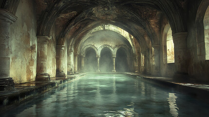 Fototapeta premium Abandoned medieval cloister with misty indoor pool, evoking sense of mystery and tranquility