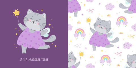 Pattern collection with magic cat and rainbows