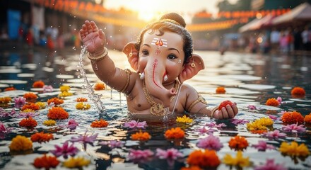 Ganesha baby hindu god india festival celebration water flowers religious deity