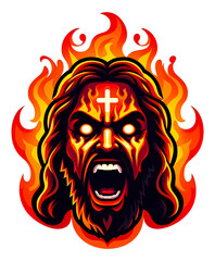 Fiery Jesus Head Enflamed Cross Fire