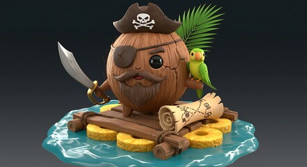 Coconut Pirate: A Whimsical 3D Render of a Tropical Adventure