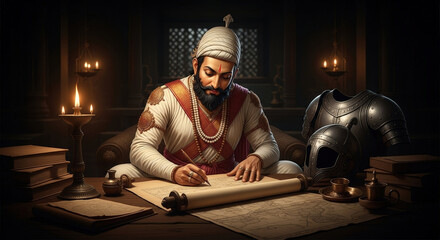 Indian king writing history manuscript chhatrapati shivaji maharaj leader art