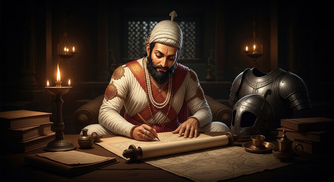 Indian king writing history manuscript chhatrapati shivaji maharaj leader art