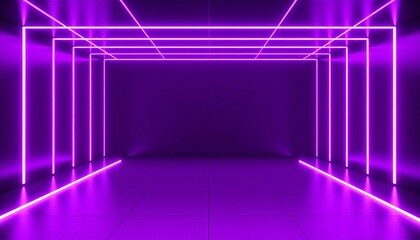 Fototapeta premium Abstract purple neon tunnel with parallel lines creating a futuristic, glowing corridor effect.