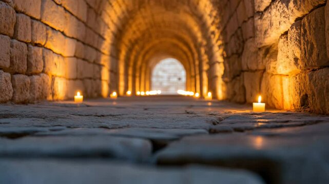 the tunnel entrance, the flames of the many small candles flicker with varying intensity