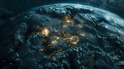 top-down view of Earth from space with glowing circuit patterns spreading over continents, digital future concept
