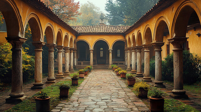 serene arched cloister with weathered columns and lush garden, inviting tranquility