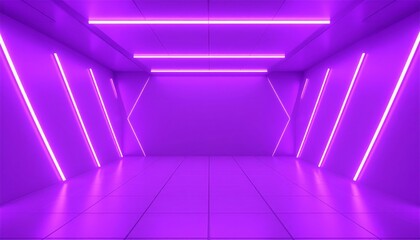 Obraz premium Empty futuristic corridor bathed in vibrant purple neon lights.