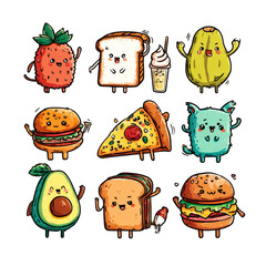 Cartoon food characters set isolated on transparent background
