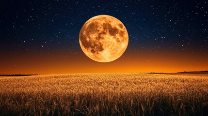 Golden moon over a wheat field at night