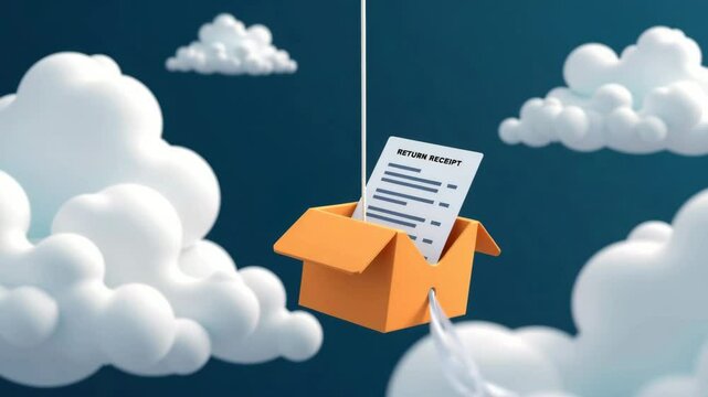 A cardboard box containing a return receipt floats among fluffy white clouds in a blue sky.
