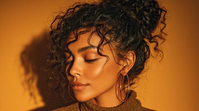 Hairpiece Collection with Straight and Curly Styles Woman with beautiful curly hair in warm light.