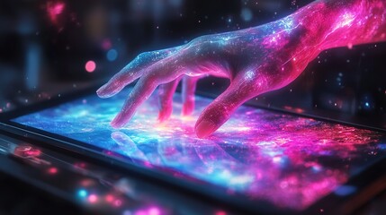 Futuristic Glowing Hand Touching Digital Tablet Screen Interactive Technology