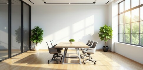 Bright minimalist conference room, large windows, plants, design, professional, office
