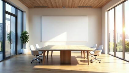 Bright modern boardroom, huge blank wall, sunlit windows , presentation, window, sunlit