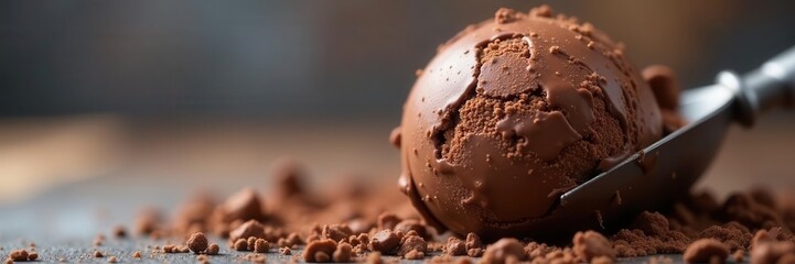 Close-up of chocolate ice cream scoop, blurred background, dynamic motion , delicious, image, culinary
