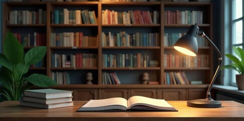 Clean workspace, library backdrop, books, desk lamp, comfortable, reading, aesthetic