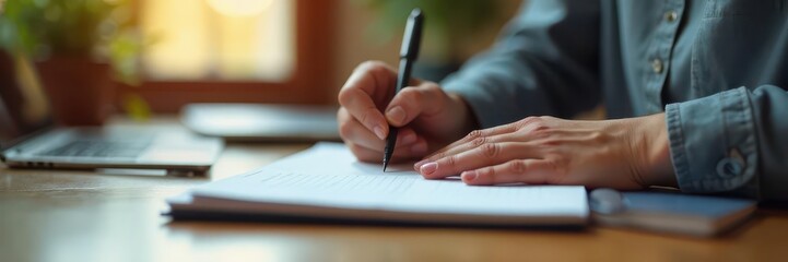 Close-up of a hand journaling on a laptop; soft focus background, stylish, laptop, device
