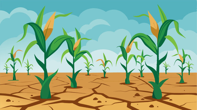 A sad sight indeed as the undersized corn plants struggle to stay upright amidst dry cracked earth and sp irrigation.. Vector illustration