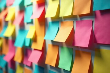 Colorful sticky notes arranged on a grid wall, showcasing diverse ideas , sticky note wall, colorful background, abstract