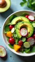 Colorful healthy salad with avocado & radish Vegan, perfect for a diet , vegetarian, summer salad, bowl