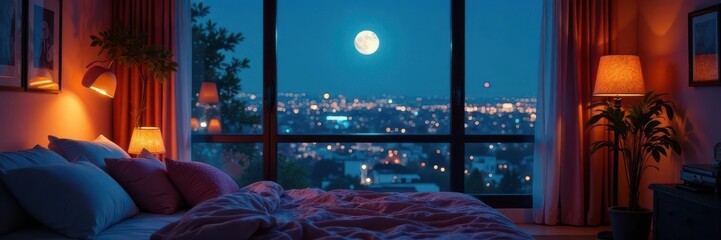 Cozy room, moonlit city view, headphones, relaxing scene, night, headphones, design