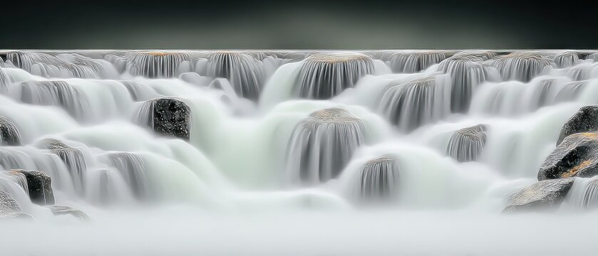 A tranquil waterfall cascading over rocky terrain, with a soft, misty aesthetic
