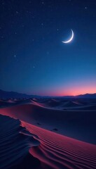 Crescent moon, star illuminate serene desert landscape at night , spirituality, glow, astronomy