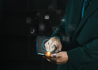 Man using smartphone with speech bubble and emoticon icon concept for technology, social media. Notification, communication, digital, business marketing. Ai chat bot technology. application assistant.