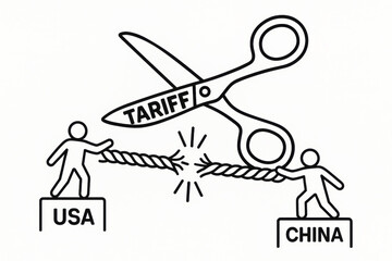 scissors labeled tariff cutting rope between usa and china trade tension